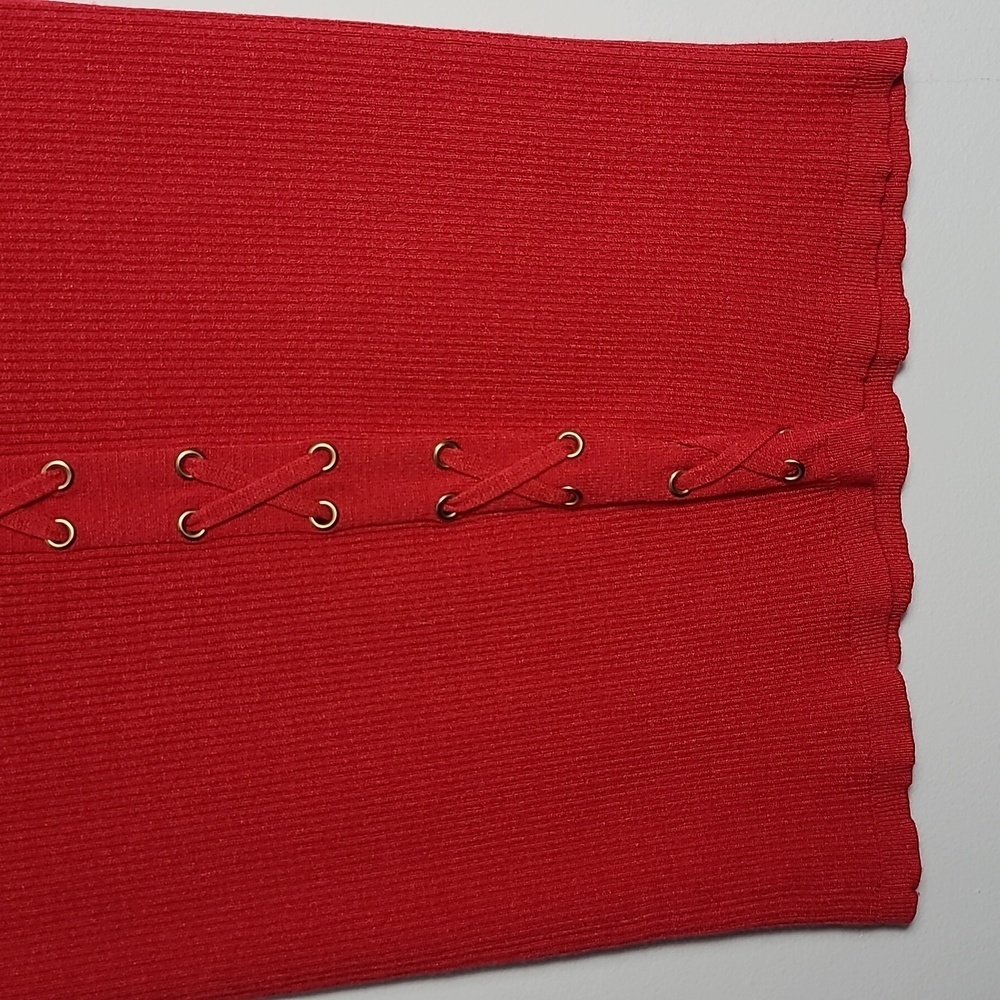 CARMEN MARC VALVO Ribbed Knit Half Sleeve Faux Corset Front Red Sweater Shirt Sm - Picture 2 of 14